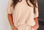 Apricot Textured V Neck T Shirt and Shorts Set