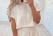 Beige 2pcs Cropped Tee and Ruffle High Waist Skort Set