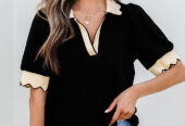 Black Color Contrast Collared V Neck Puff Sleeve Blouse