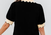 Black Color Contrast Collared V Neck Puff Sleeve Blouse