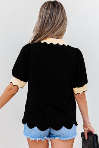 Black Color Contrast Collared V Neck Puff Sleeve Blouse