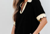 Black Color Contrast Collared V Neck Puff Sleeve Blouse