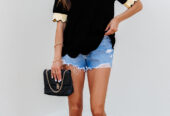 Black Color Contrast Collared V Neck Puff Sleeve Blouse
