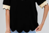 Black Color Contrast Collared V Neck Puff Sleeve Blouse