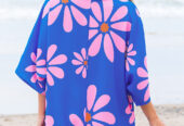 Blue Summer Flower Print Shirt Collar Button Front Loose Romper