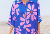 Blue Summer Flower Print Shirt Collar Button Front Loose Romper