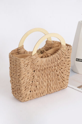 Camel Retro Straw Woven Handle Bag
