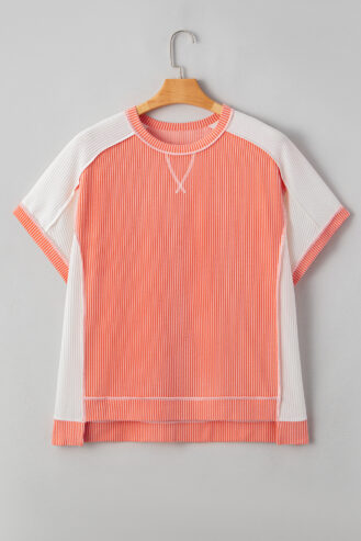 Carrot Twist Rib Colorblock Hi Low Plus Size Short Sleeve Top