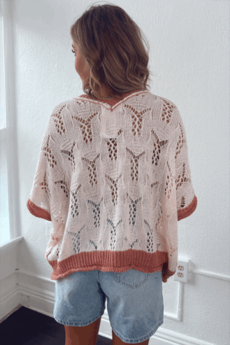 Delicacy Embroidered Flowers Colorblock Edge Hollowed Sweater