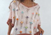 Delicacy Embroidered Flowers Colorblock Edge Hollowed Sweater
