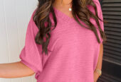 Pink Textured V Neck T Shirt and Shorts Set