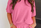 Pink Textured V Neck T Shirt and Shorts Set