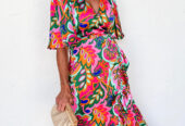 Rose Summer Plant Print Surpliced V Neck Ruffled Asymmetric Slit Wide Short Sleeve Maxi Dress