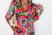Rose Summer Plant Print Surpliced V Neck Ruffled Asymmetric Slit Wide Short Sleeve Maxi Dress
