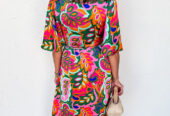 Rose Summer Plant Print Surpliced V Neck Ruffled Asymmetric Slit Wide Short Sleeve Maxi Dress