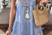 Sky Blue Stripe U Neck Sleeveless Loose Fit Mini Dress