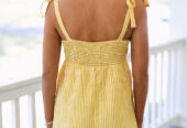 Yellow Stripe Shoulder Tie Smocked Back Wide Leg Casual Romper