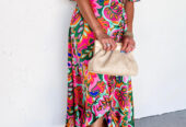 Rose Summer Plant Print Surpliced V Neck Ruffled Asymmetric Slit Wide Short Sleeve Maxi Dress